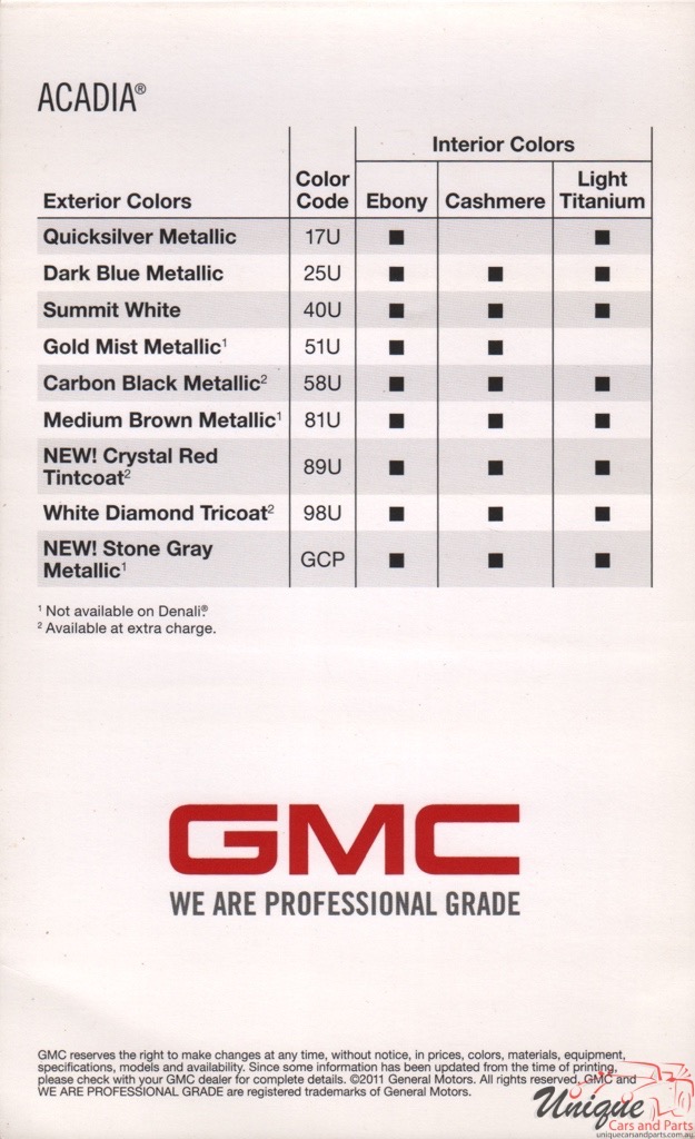 2012 GM Acadia Corporate Paint Charts 2